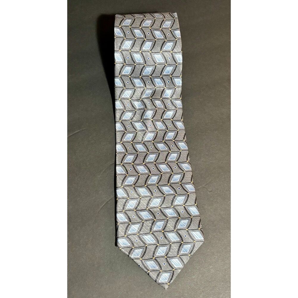 Geoffrey Beene Silk Tie Geometric Pattern Blue Gray Diamond Design Men's Necktie